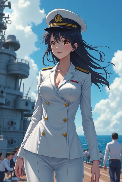 Photo-realistic, ultra-realistic, (very beautiful Japanese, famous Japanese idol but captain of the battleship:1.3), wearing a white naval uniform, on a large battleship, ready to battle, monitoring enemy ships, 