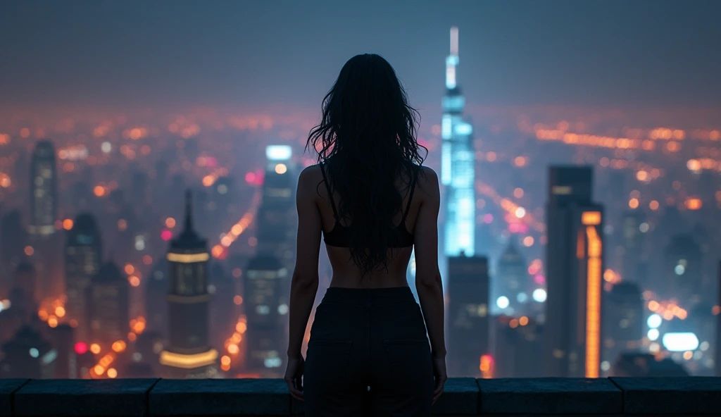 (masterpiece, best quality:1.2), (woman standing on a rooftop, gazing over city skyline at night:1.3), (facing forward, relaxed yet confident posture:1.3), (vibrant city lights glowing below:1.2), (calm, steady demeanor:1.3), (captured from behind, expansi...