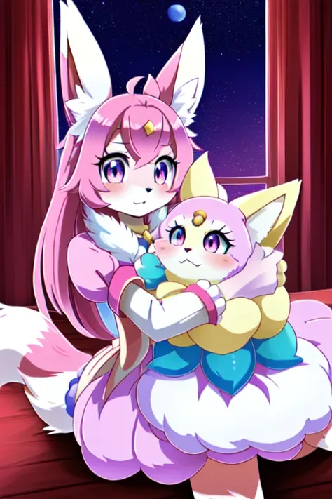 there is a woman dressed as a bunny and a dog, seraphine ahri kda, annie from league of legends, ahri from league of legends, cute fumo plush bunny girl, ultrarealistic sweet bunny girl, furry character, from league of legends, furry anime, the bunny has p...