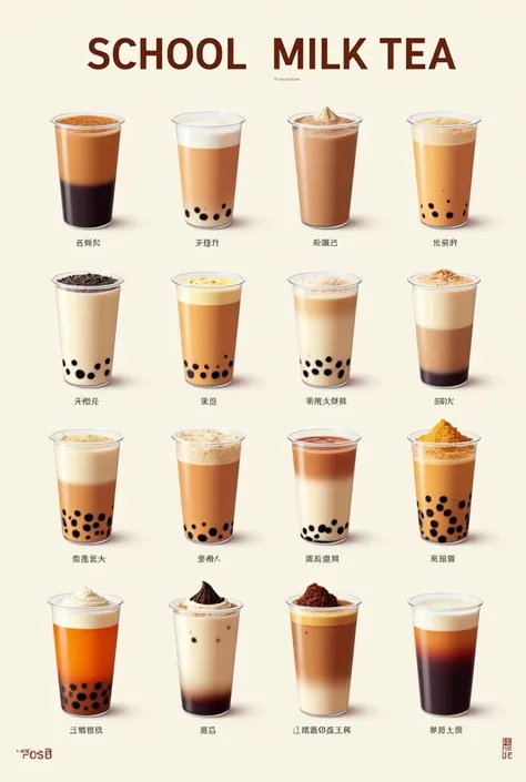 create a horizontal scale MENU design about milk tea with name: School Milk Tea