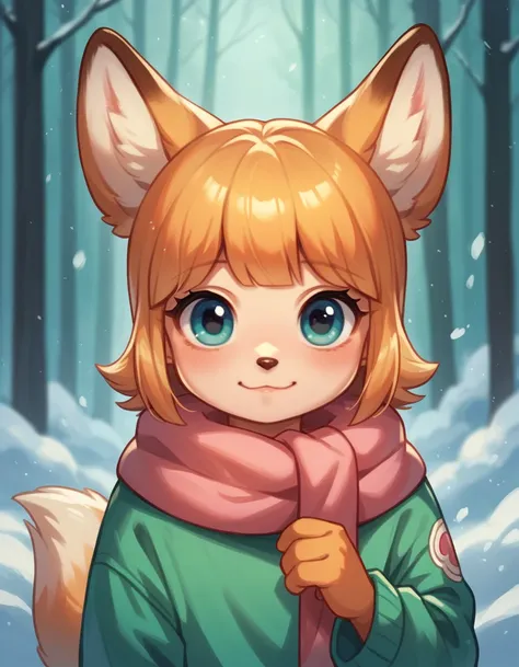 a little peach color ,Fox cub,  fox cub Small , in a winter forest, alone, animal focus, Little puppy, non-human, Little,Fringe, puppy,It would look cute,focus anima