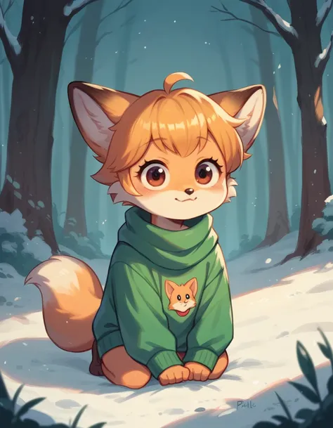 a little peach color ,Fox cub,  fox cub Small , in a winter forest, alone, animal focus, Little puppy, non-human, Little,Fringe, puppy,It would look cute,focus anima