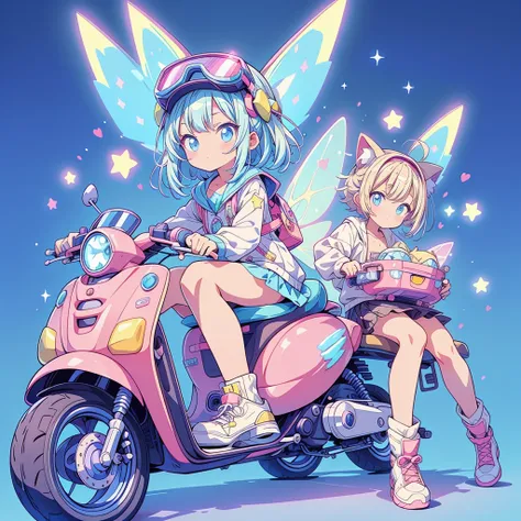 Perfect Anatomy、Highest quality、Masterpiece、Star Fairy、cyber punk、simple background、Kawaiitech、Big Goggles、one piece、Cute and unique scooter、