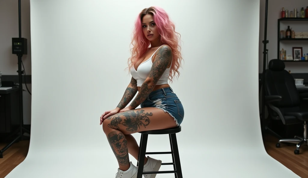 A realistic photo, hdr definition, 12k, photo by full body, photo realistic uhd, hyper detailled, 1womanl, 2, Shes sitting on a stool, She looks into the camera, tattoos on the arms and legs, Ela usa shorts jeans, a white crocodile top, long curly pink and...