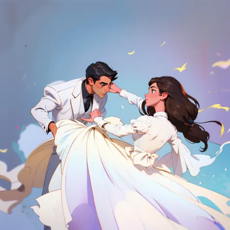 Disney-style, a man facing the front in a white tuxedo, a woman wearing a white wedding dress with her back facing her back, faithful to the composition of the original painting, a man with black hair, a woman with dark brown hair color, dancing with her h...