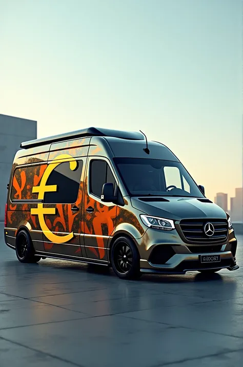 an image that shows a converted van. 
money symbols with € and $