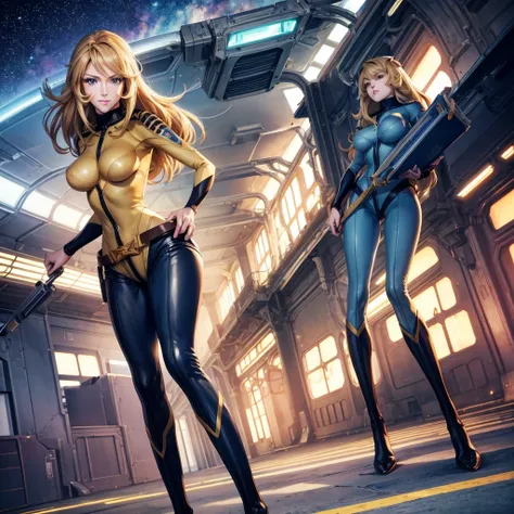 Anime style female character inspired by vintage space opera aesthetics, with elongated facial features, 165 cm tall, having blond, waist-length, wavy hair with V bangs, and blue eyes. She is wearing ultra tight skinny jeans with high riding boots over the...