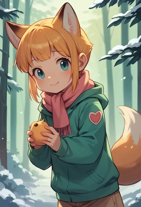 a little peach color ,Fox cub,  fox cub Small , in a winter forest, alone, animal focus, Little puppy, non-human, Little,Fringe, puppy,It would look cute,focus anima