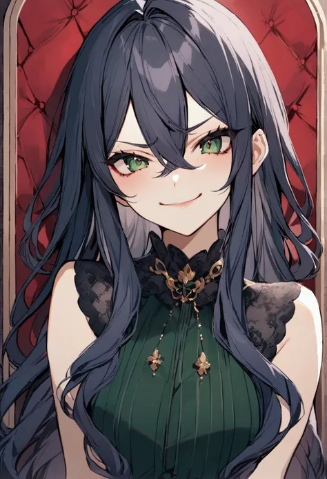 A girl with dark blue hair, hair between eyes, long hair, dark green eyes, mischievous smile, mischievous attitude, mischievous expression, smug expression.