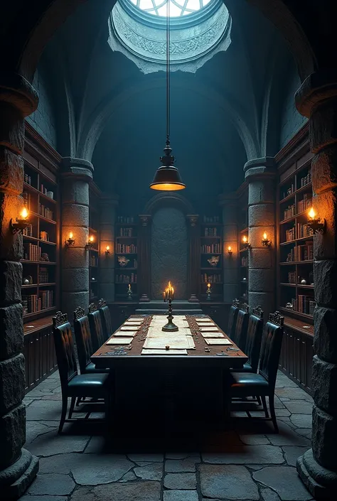 The common room exudes a dark and impressive atmosphere,  the dark stone walls, almost black, seem to absorb the little light available, creating an environment where shadows are as present as the objects that project them. Lighting is scarce. Small torche...