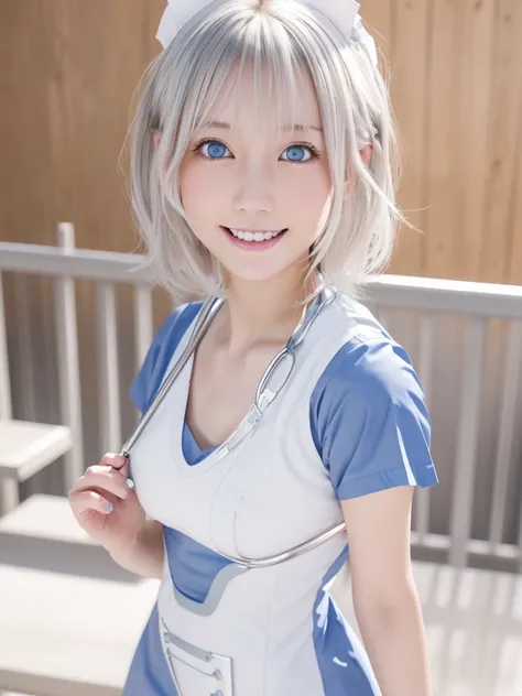 NSFW,Correct human anatomy,Japanese,a young beautiful Japanese girl with short platinum silver hair,large pale blue eyes,droppy eyes,a balanced gaze,and a sweet smile,Nordic beauty,(wearing a detailed nurse outfit:1.25),highly detailed and realistic, 8k,ul...