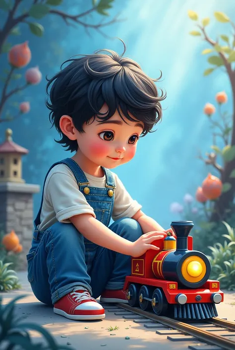  boy, skin fair, eyes black, dark brown wavy hair, shoulder length hair, playing with toy train, water colour, wearing denim overalls, blue world, livro em water colour, boy, drawning 