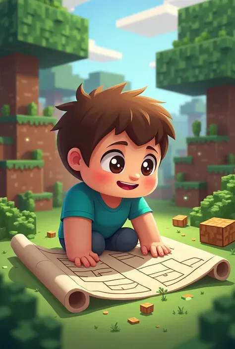 Make a photo of steve from Minecraft making a plan, chibi more cuteness more Minecrafty