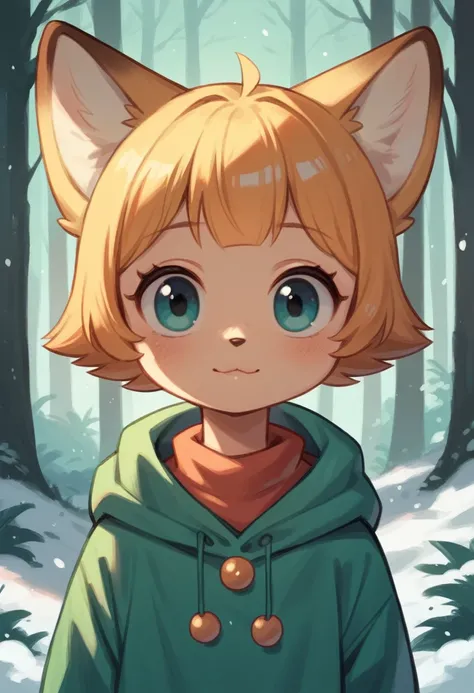 a little peach color ,Fox cub,  fox cub Small , in a winter forest, alone, animal focus, Little puppy, non-human, Little,Fringe, puppy,It would look cute,focus anima