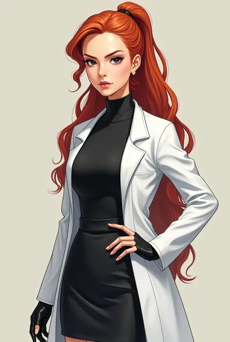 A girl character wearing lab scientist coat over black top and black skirt. She has very long , thick red hair tied as ponytail, her hair is a little wavy . Her hair is too long, it reaches to her hip.She has thick eyebrows, small pink lip, long and pointy...