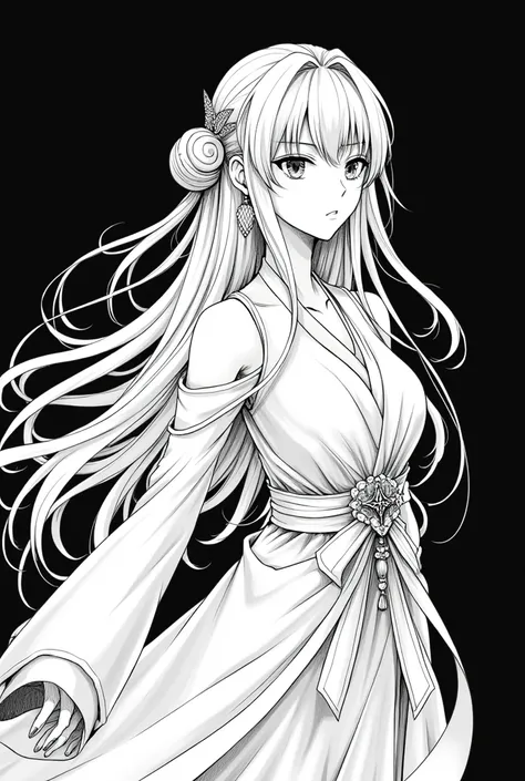 (best quality,high resolution,masterpiece:1.2),Extremely detailed,Anime Line Art:1.1,black and white,Line Art,Comic Style,God of Death,Beautiful and delicate face,Expressive eyes,In sharp contrast,Flowing robe,Mysterious atmosphere,Dark background