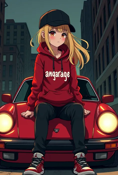 Blond girl with red hoodie and black cap,angarage text on hoodie,hoodie text with angarage,the girl sita on the car,red car,jordan shoes,manga,dark city