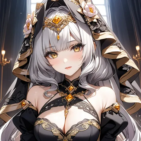 ((Highest quality)), ((masterpiece)), (detailed), （Perfect Face）、The woman has silver hair in Extia Magica、The woman is wearing a black wedding dress with gorgeous gold embroidery and trim, and a black wedding veil.