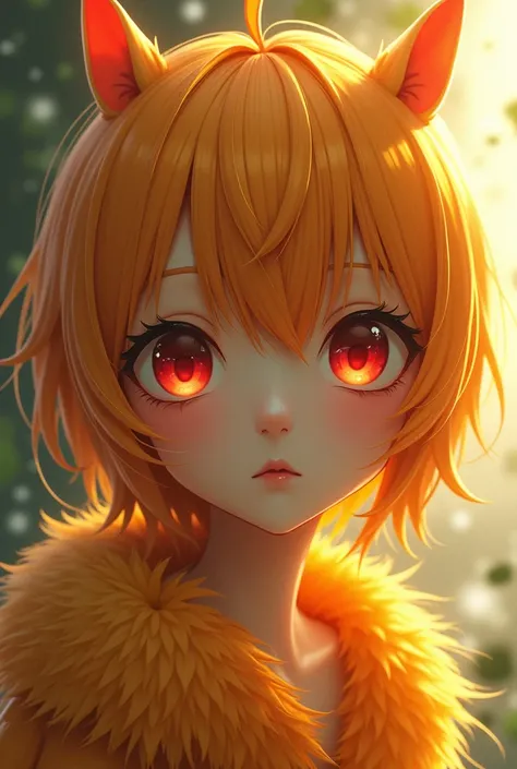 Beautiful teen anime alien girl with three short antennaes, orange furs, yellow skin, and red eyes