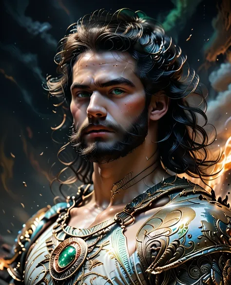 masterpiece, high quality, best quality, beautiful, hd, realistic, perfect lighting, detailed face, detailed body, 1 man, solo, black hair, green eyes, long black beard, brown and worn leather clothing gladiator style: 1.4), leather breastplate, 1 wooden s...