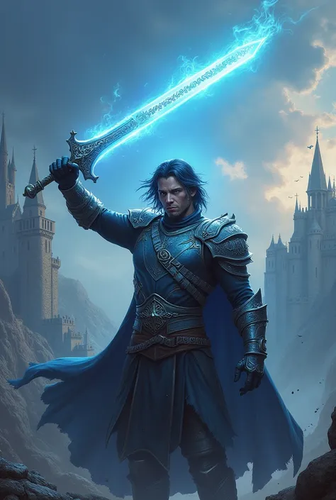  male black hair blue eyes shiny sword with blade part glowing blue fantasy and medieval theme 