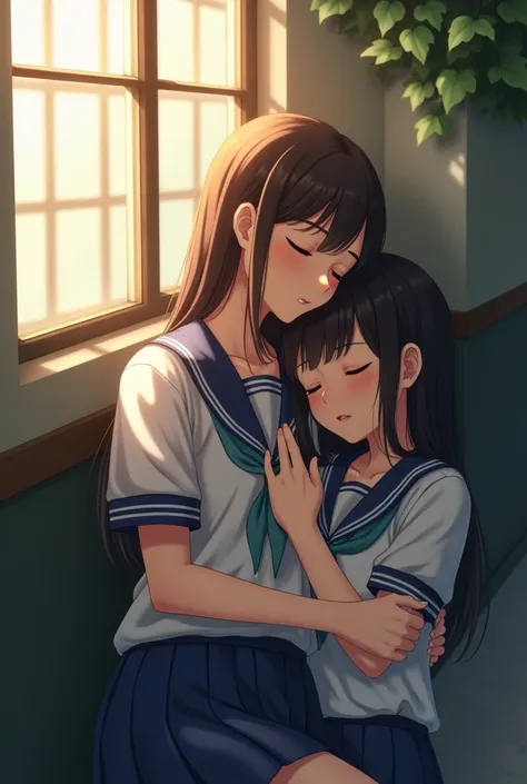 A couple wearing school uniforms leaned against each other and slept in a school, next to the wall, with a window and sunlight shining in.