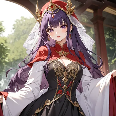 ((Highest quality)), ((masterpiece)), (detailed), （Perfect Face）、The woman is the princess of Moonbrooke, with purple hair and a white robe and red hooded cloak.、She is a demon priestess、The woman is wearing a black wedding dress with gorgeous gold embroid...