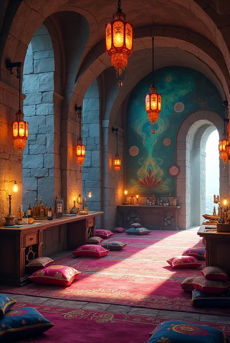 The common room with its sturdy stone walls, typical of an ancient fortress, were transformed into a vibrant canvas of bold colors and abstract patterns, as if magic and art have merged to create a space that defies convention. In the center of the hall, a...