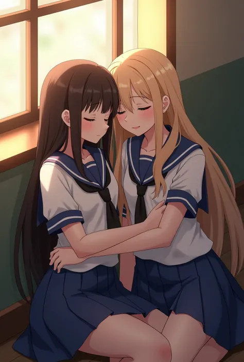 A couple wearing school uniforms leaned against each other and slept in a school, next to the wall, with a window and sunlight shining in.