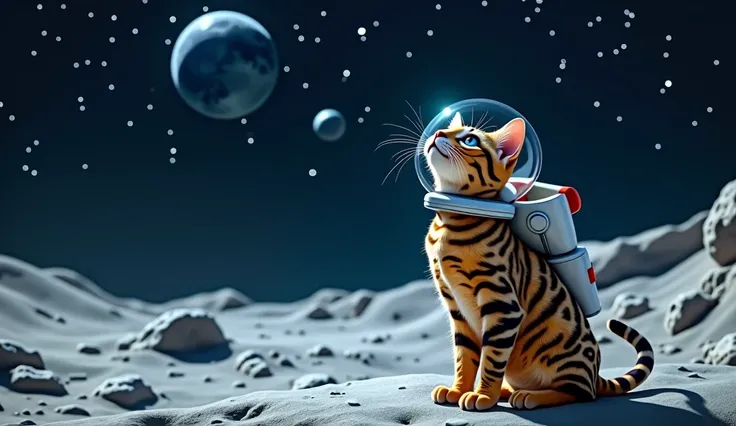 Cat looking up at the stars，Bengal cat，Wearing a space suit hat，Cat on the lower right，The ground is full of craters，On the Moon。Note that the cat&#39;s whiskers are shorter