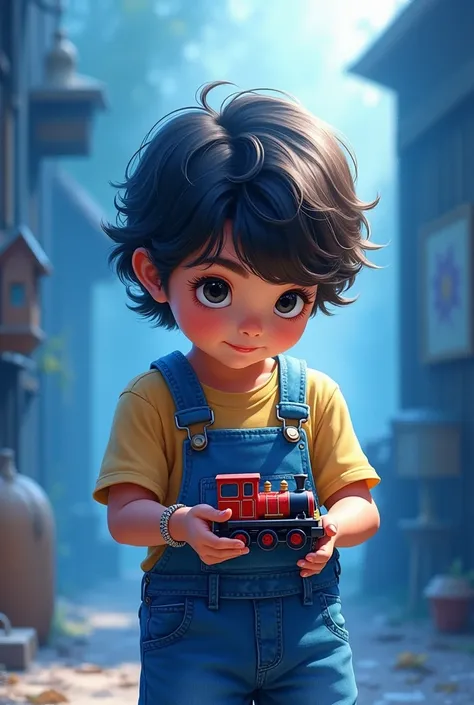  boy, skin fair, eyes black, dark brown wavy hair, shoulder length hair, playing with toy train, water colour, wearing denim overalls, blue world, livro em water colour, angry boy 