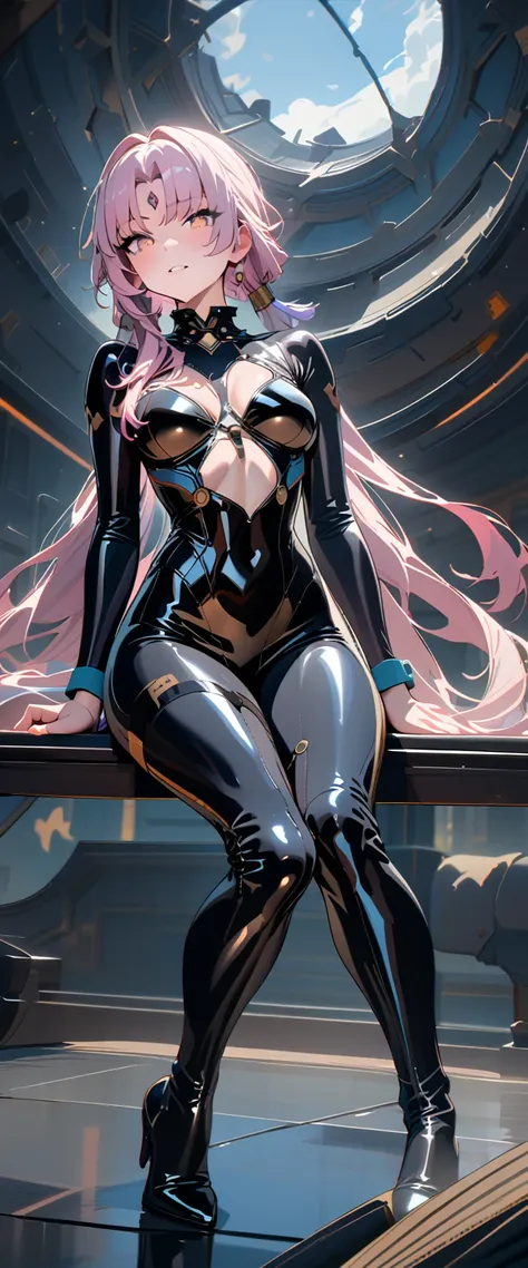 (masterpiece, best quality:1.5), (ultra detailed, high resolution, 8k, beautiful detailed, UHD, best anatomy), 1 cute girl, white hair, medium breasts, full bodysuit, latex, shiny clothes, Steamy space