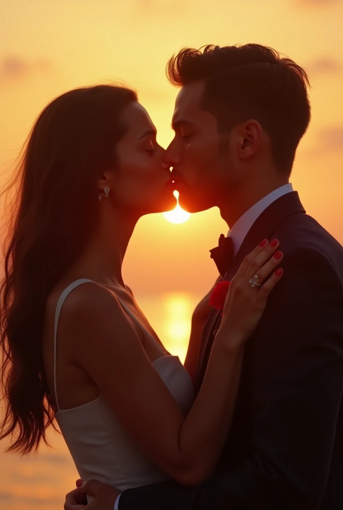 best quality, (a romantic and passionate kiss scene in a movie),(Sunset，Backlight),(1 woman 1 man),(Long hair:1.2+Set),(Red lipstick:1.4+Black Hair), romantic music, seaside，Blurred background