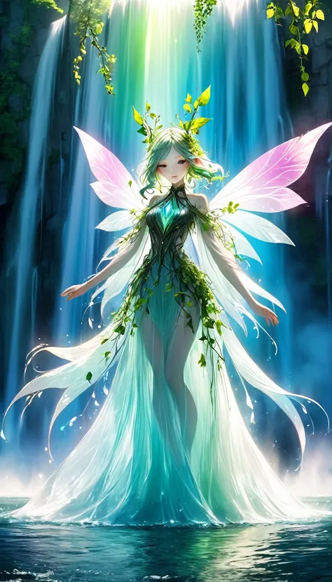 beautiful forest spirit fairy, wearing fresh green leaves and vines, protected by iridescent transparent triangular barrier, summon smoke-like spirit and shoot magic neon color beam, BREAK background surrounded by huge blue waterfall like Niagara Falls, fa...