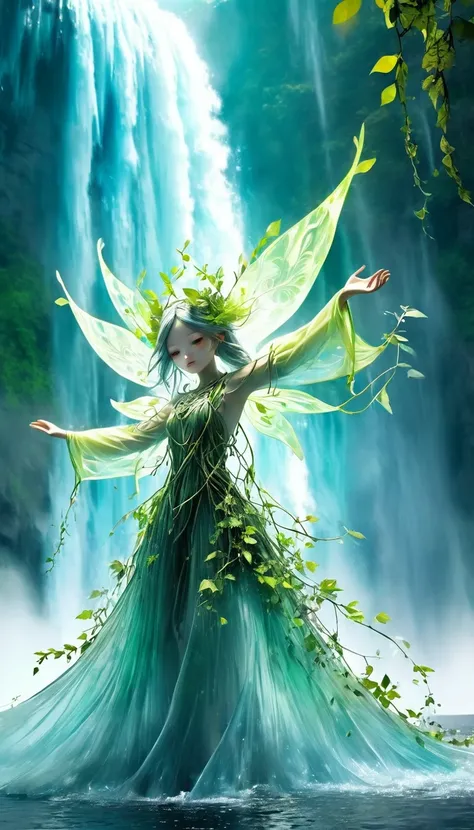 beautiful forest spirit fairy, wearing fresh green leaves and vines, protected by iridescent transparent triangular barrier, summon smoke-like spirit and shoot magic neon color beam, BREAK background surrounded by huge blue waterfall like Niagara Falls, fa...