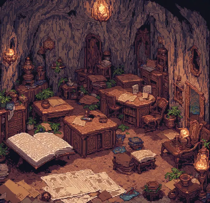 (masterpiece, Highest quality:1.2), Pixel art，Mysterious,Like an old book,Old paper，Like a spell，Magic Room