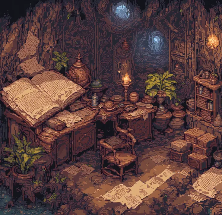 (masterpiece, Highest quality:1.2), Pixel art，Mysterious,Like an old book,Old paper，Like a spell，Magic Room