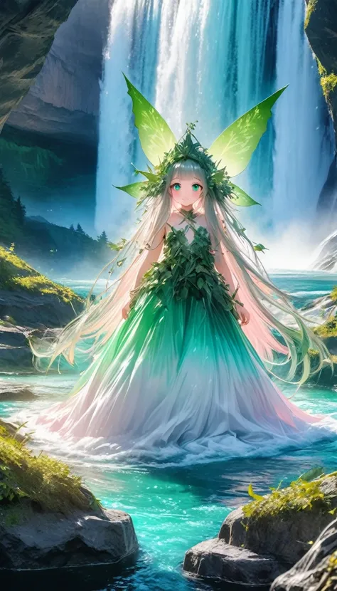 beautiful forest spirit fairy, wearing fresh green leaves and vines, protected by iridescent transparent triangular barrier, summon smoke-like spirit and shoot magic neon color beam, BREAK background surrounded by huge blue waterfall like Niagara Falls, fa...