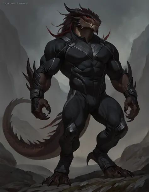 a ferocious male dragonborn, solo, muscular detailed body, athletic, standing, full body, dark color body, scalie, red eyes, pan...