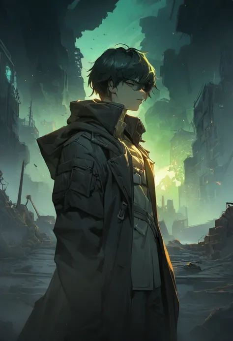 make an epic anime cover poster with the young man in dark dystopian era, dystopian, anime, manhua, cyberpunk, violent, 4d, ultr...