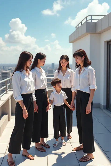 (photorealism:1.2), beautiful women wearing a white shirt and black pants setting on boy in on the roof 