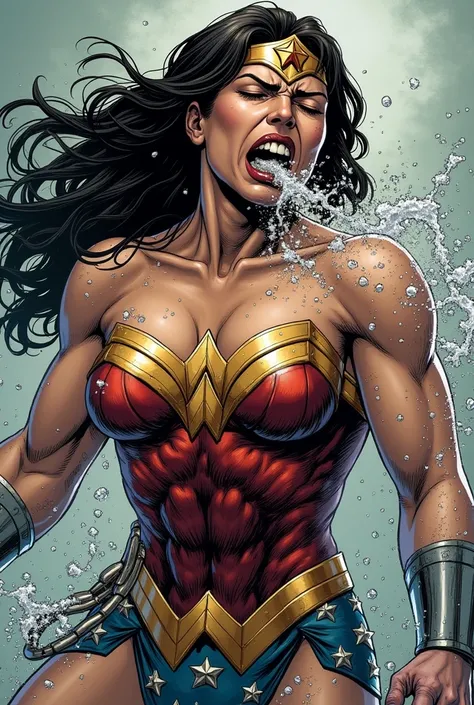 (sweaty)(muscular)A comic panel of a very sweaty Wonder Woman getting punched in the gut. Shes vomiting and coughing heavily, she spits out lot of visible saliva, water, sweat repeatedly. Lot and Lot of water, saliva, sweat continously dropping from her mo...