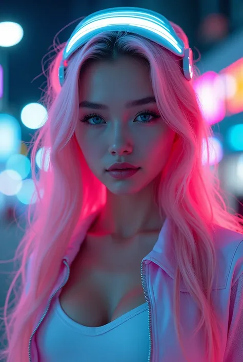 high resolution, 8k.
one , longye hair, pink  hair, blue colored eyes, gazing at viewer, slightly separated lips, make-up, Behind-the-head LED light headset.
Use regatta and holographic jacket.
She is standing exactly in the middle and looking directly at ...