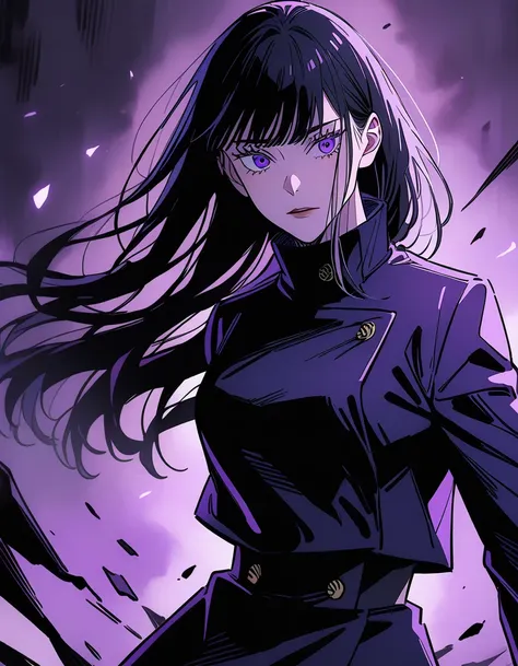 a woman (female) with long black hair with bangs (long hair), purple eyes (purple), beautiful, cute, jujutsu kaisen uniform, lig...