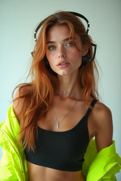 high resolution, 8k.
one , longye hair, russet hair, greeneyes, gazing at viewer, slightly separated lips, make-up, Behind-the-head LED light headset.
Wears a tank top and neon jacket.
She is standing exactly in the middle and looking directly at the camer...