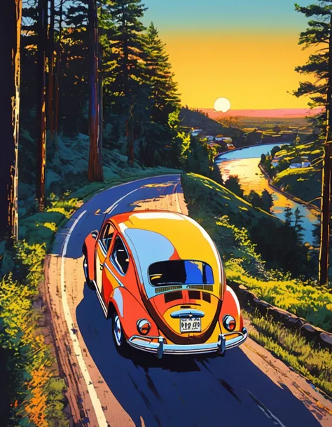 pop art style painting, the sun goes down, rear view of cruising in a volkswagen beetle from the 1970son a wide wilderness road,...