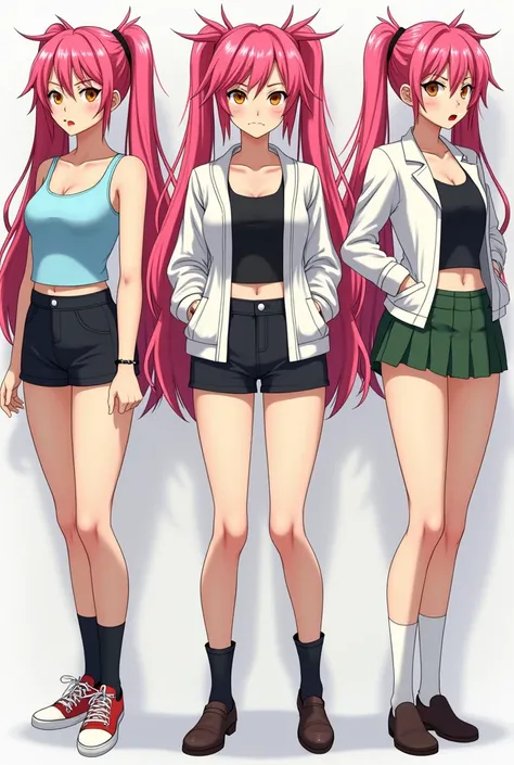 Saya is a teenage girl of under-average height with long pink hair which she mostly keeps in two pony tails on either side of her head. Her hair also has two thin, long bangs at the sides, two thin strands of hair over the left side of her forehead, and a ...