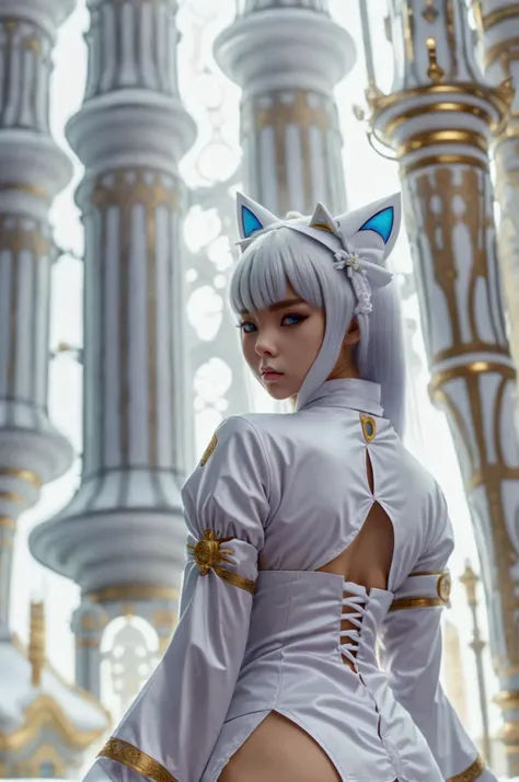 1 girl, it will be, looking at the viewer, by white, anything, cat ears, cat&#39;s tail, white shirt, open clothing, russian cit...