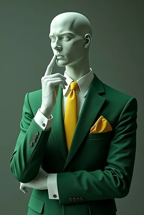 an invisible humanoid with masculine features wearing a green suit, white  shirt, with yellow detail on the pocket, wearing a yellow tie, with white gloves, with his hand holding his chin as if he were thinking about something and pointing upwards