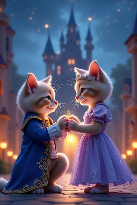 In front of a grand castle, a male kitten  dressed as a prince in royal blue pant and a white, embroidered shirt kneels down, offering a ring to a female kitten. She’s dressed like a princess in a sparkling lavender frock with a tiara on her head. The scen...